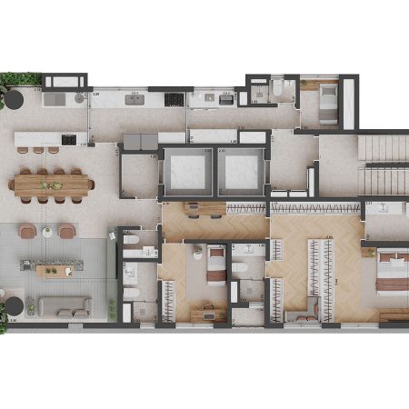 Planta apartamento 2 suítes sala integrada 167 m²